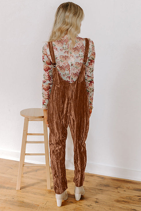 Crushed Velvet Adjustable Straps Patch Pockets V Neck Relaxed Tapered Jumpsuit